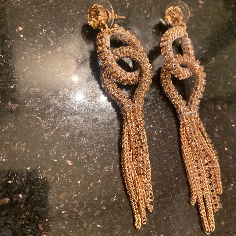 Champagne color fringe rhinestone earrings - Picture 2 of 5